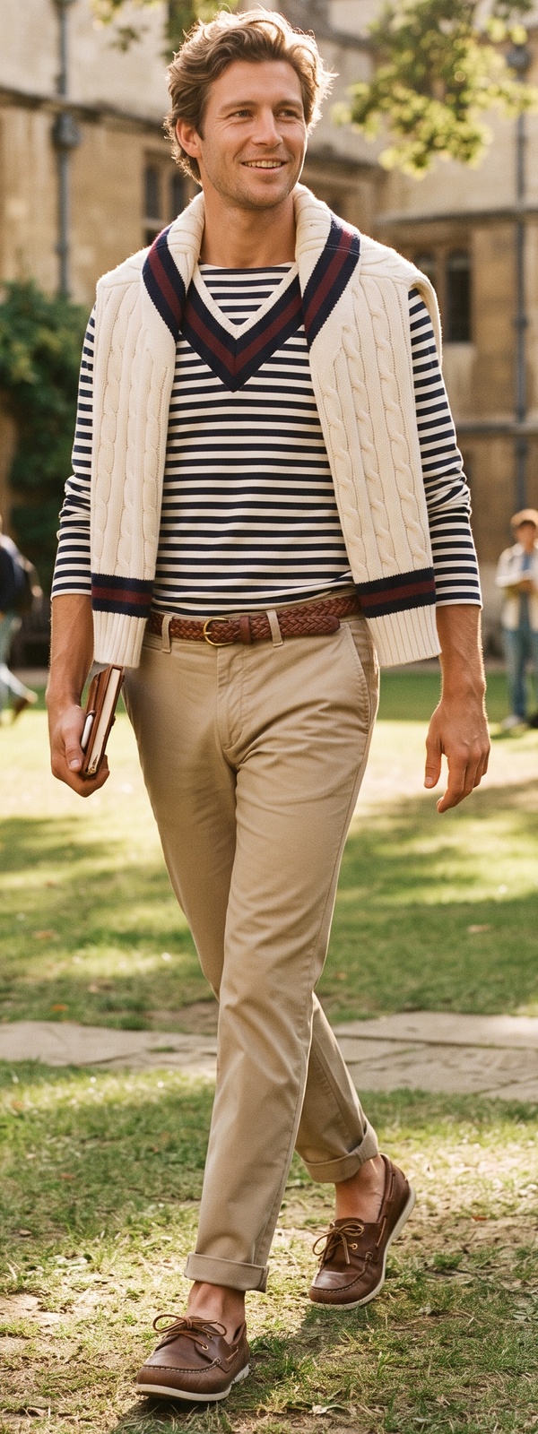 Classic Ivy League Striped Shirt with Cream Cable Sweater and Khakis Look