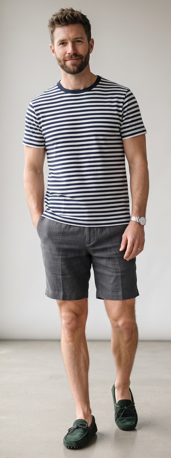 Navy and White Striped Crewneck Tee With Charcoal Linen Shorts and Suede Loafers