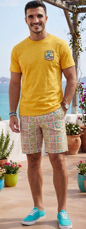 Summer Beach Casual Yellow Graphic Tee with Mosaic Print Shorts and Turquoise Canvas Sneakers