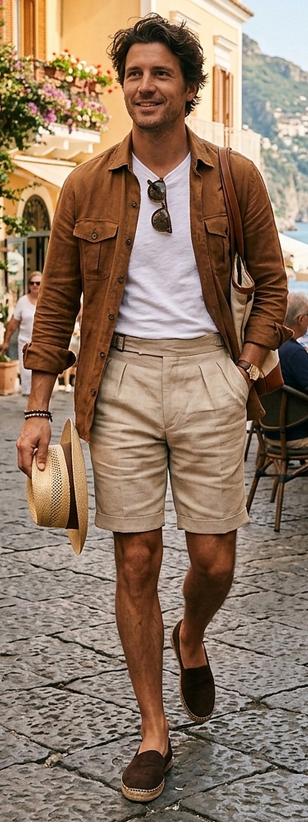 Summer Italian Linen Safari Overshirt and Gurkha Shorts with Suede Espadrilles