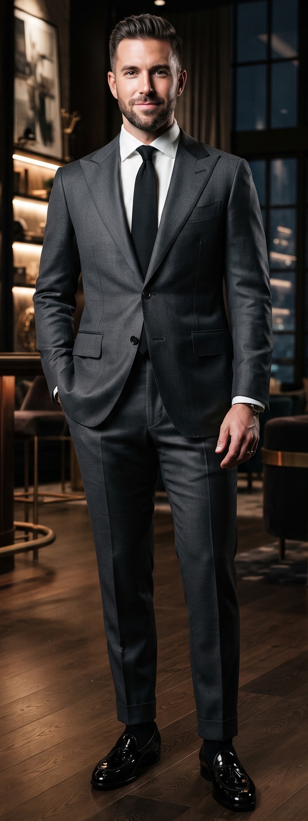 Tailored Charcoal Wool Suit with White Dress Shirt and Loafers