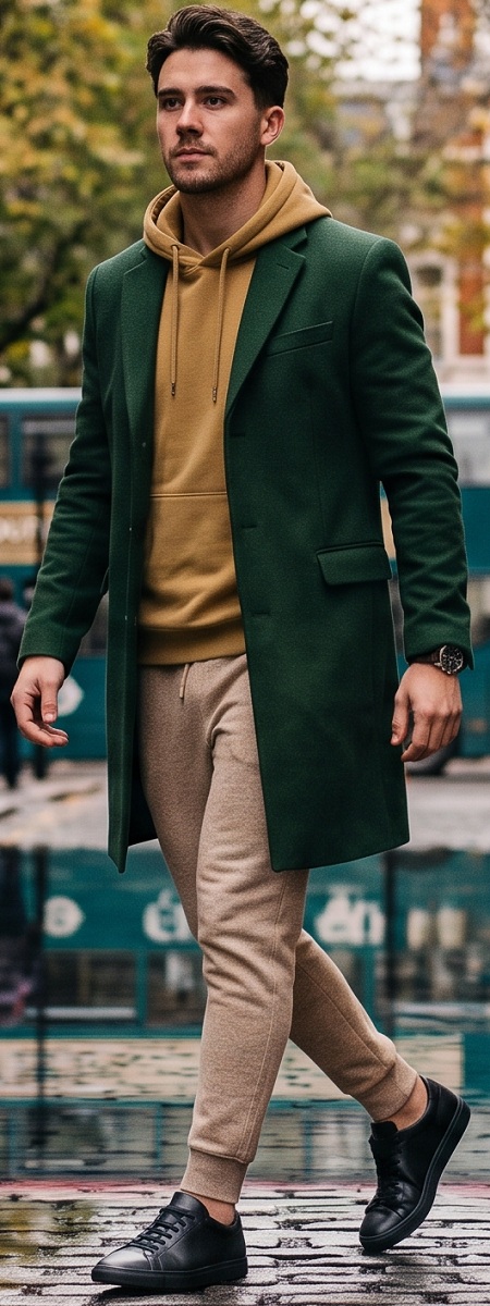 Tailored Forest Green Wool Overcoat with Mustard Yellow Hoodie, Beige Joggers, and Black Dress Sneakers Outfit