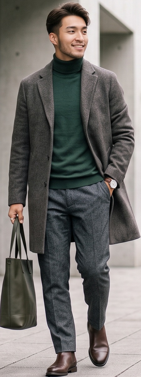 Tailored Minimalist Grey Wool Overcoat with Forest Green Turtleneck, Charcoal Flannel Trousers, and Chelsea Boots Outfit