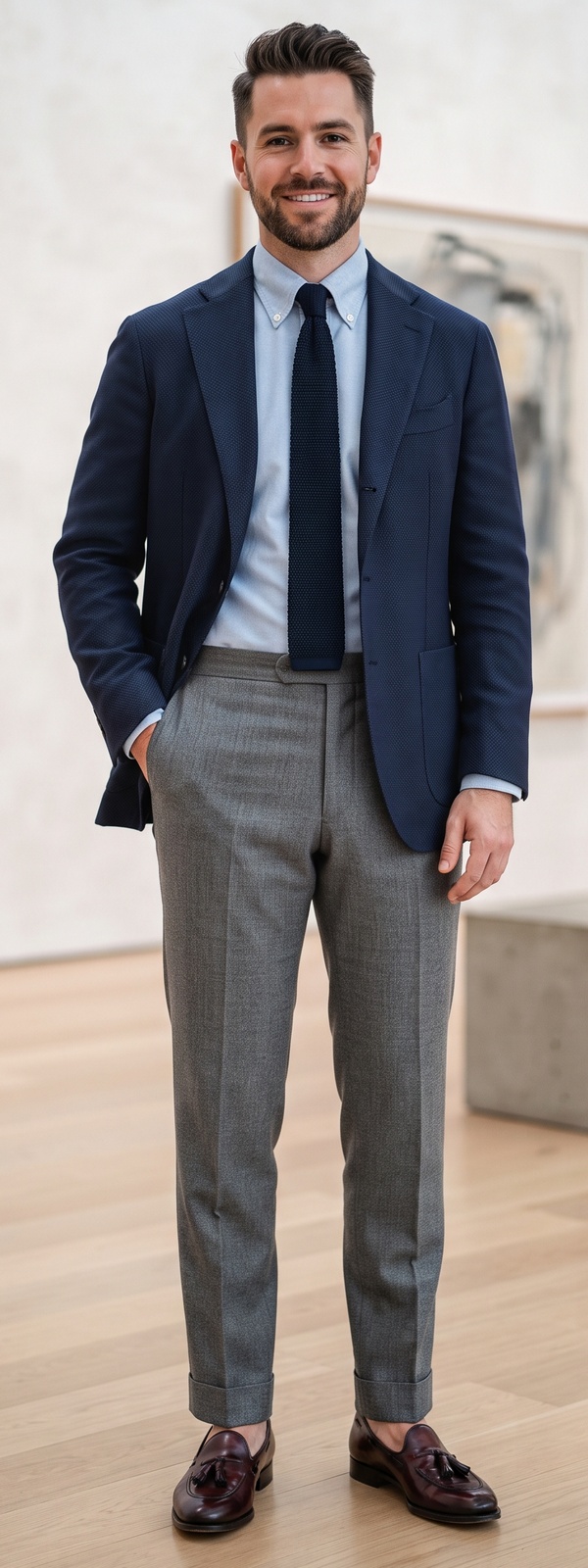 Tailored Navy Blazer with Oxford Shirt and Grey Dress Pants