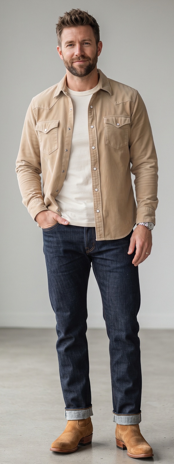 Tan Corduroy Western Overshirt Over White Crewneck Tee With Cuffed Selvedge Jeans
