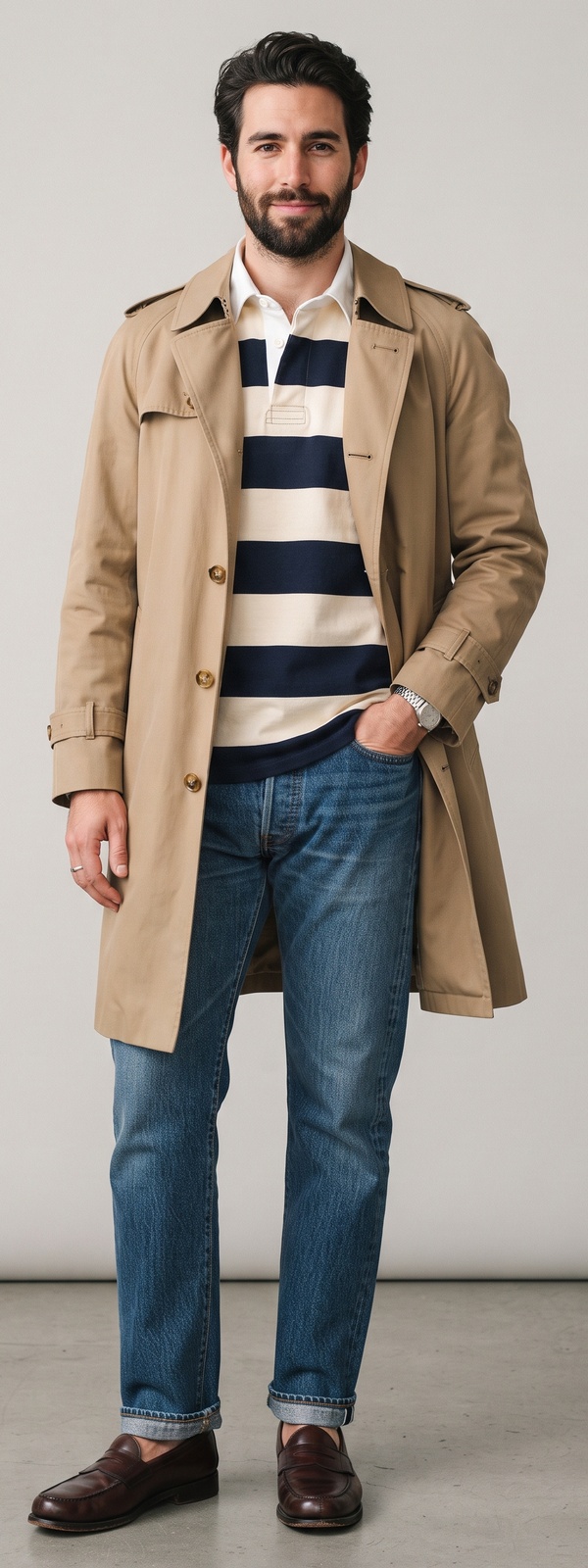 Tan Cotton Trench Coat with Striped Rugby Shirt and Straight Jeans