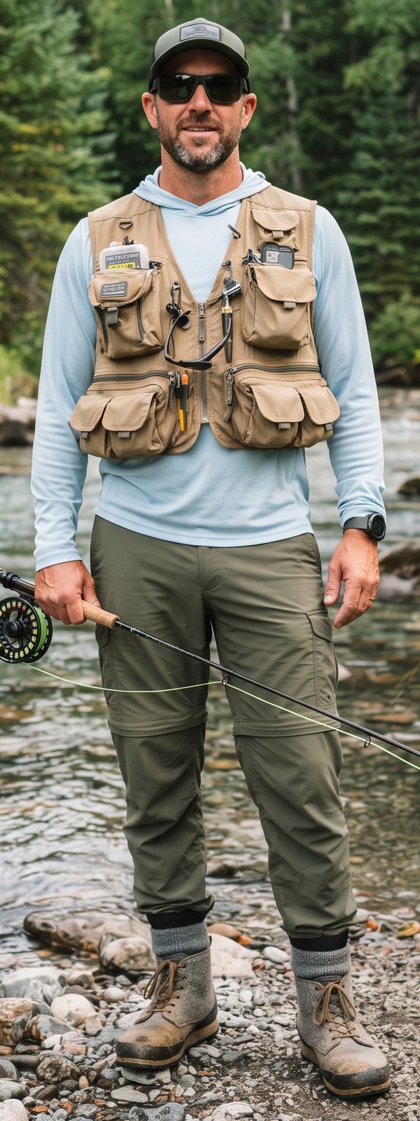 Tan Fly Fishing Utility Vest and Olive Convertible Cargo Pants Stream Look