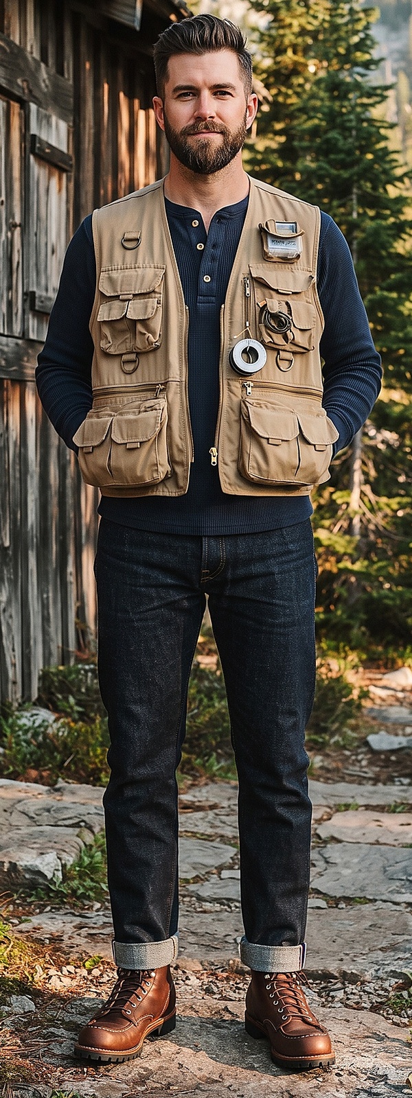 Heritage Tan Fishing Vest and Raw Indigo Selvedge Denim Look