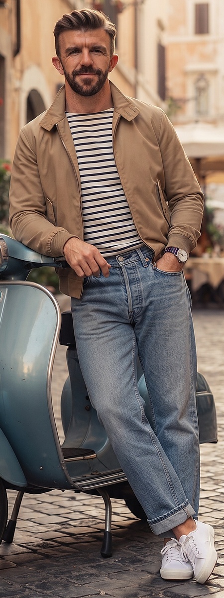 Tan Harrington Jacket Breton Striped Tee and Light Jeans Ensemble