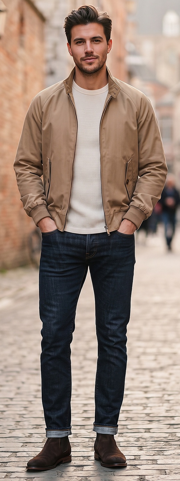 Tan Harrington Jacket Off White Waffle Sweater and Dark Indigo Jeans