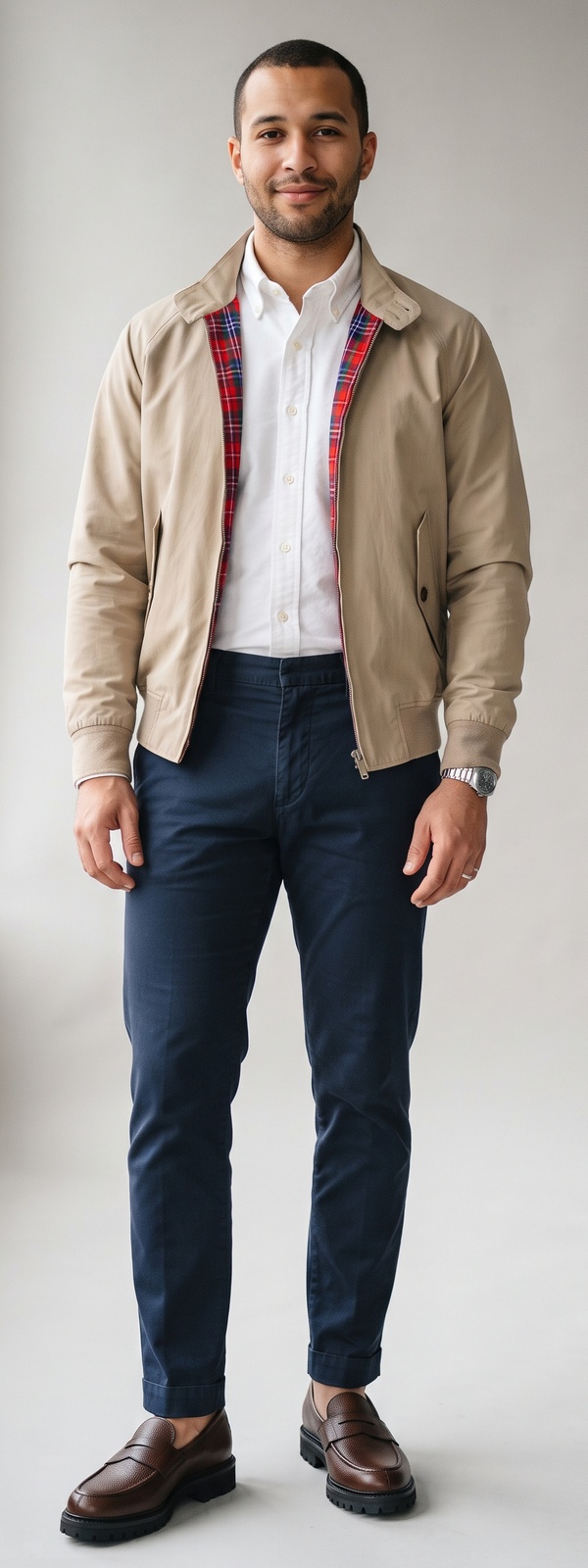 Preppy Tan Tartan-Lined Harrington Jacket and Navy Chino Pants With Loafers
