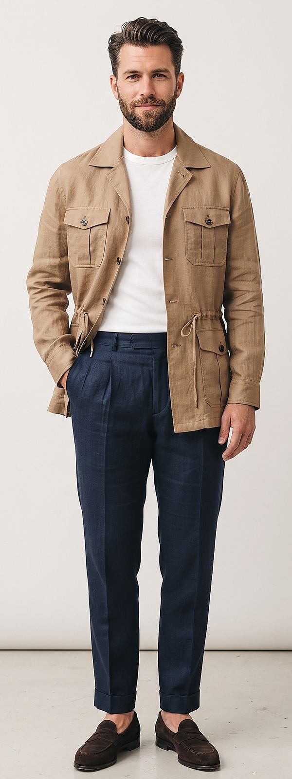 Tan Linen Safari Jacket and Navy Pleated Dress Pants Smart Casual Look