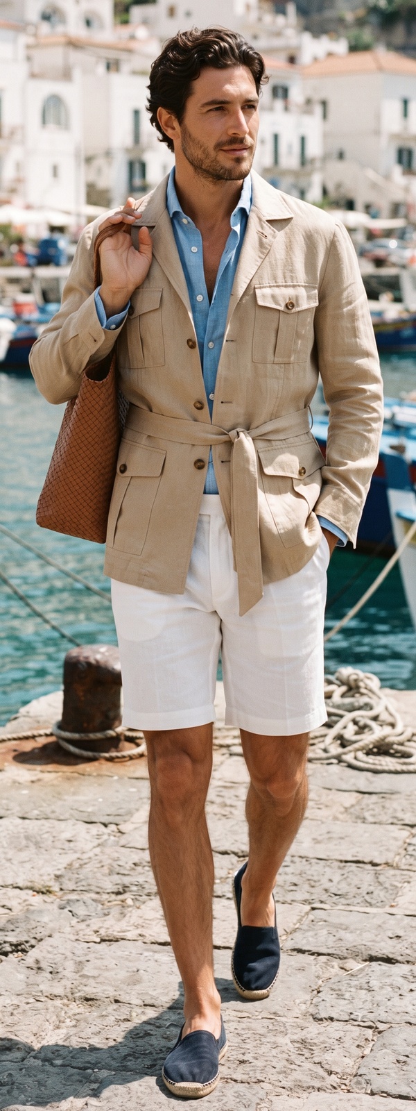 Mediterranean Riviera Tan Linen Safari Jacket and White Shorts Look