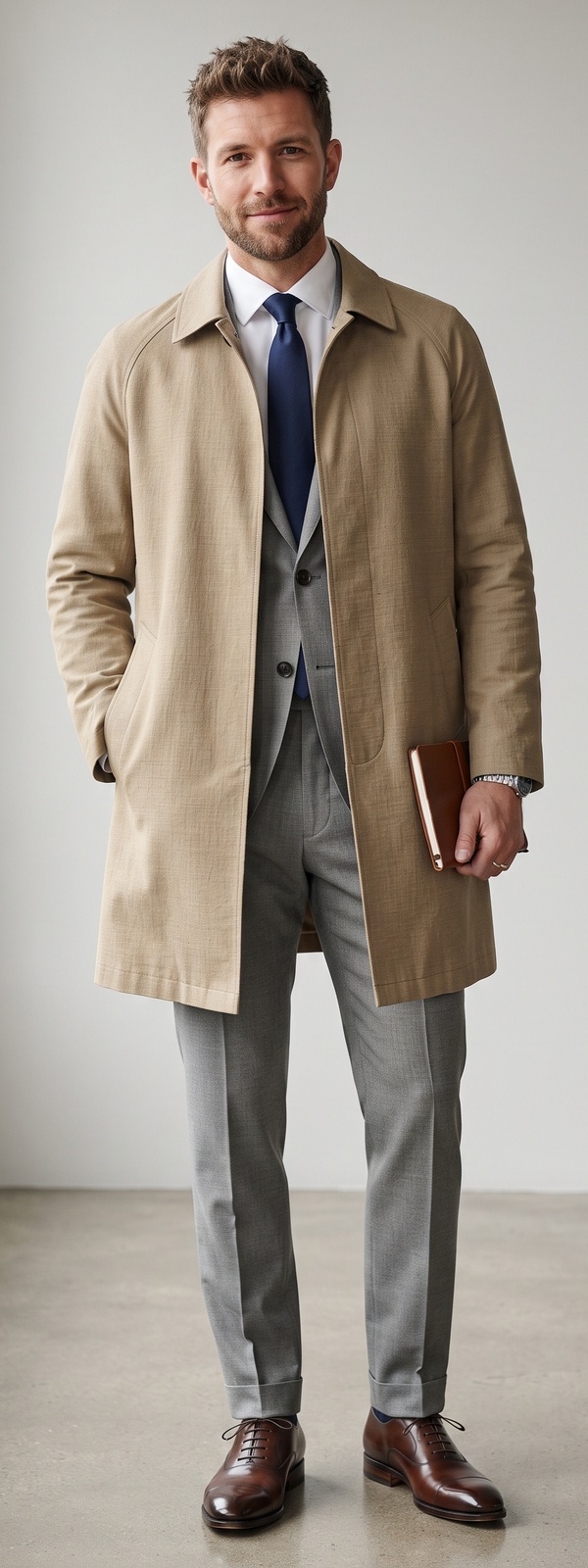 Tan Mac Raincoat Over Medium-Grey Suit With Navy Tie and Brown Cap-Toe Oxfords