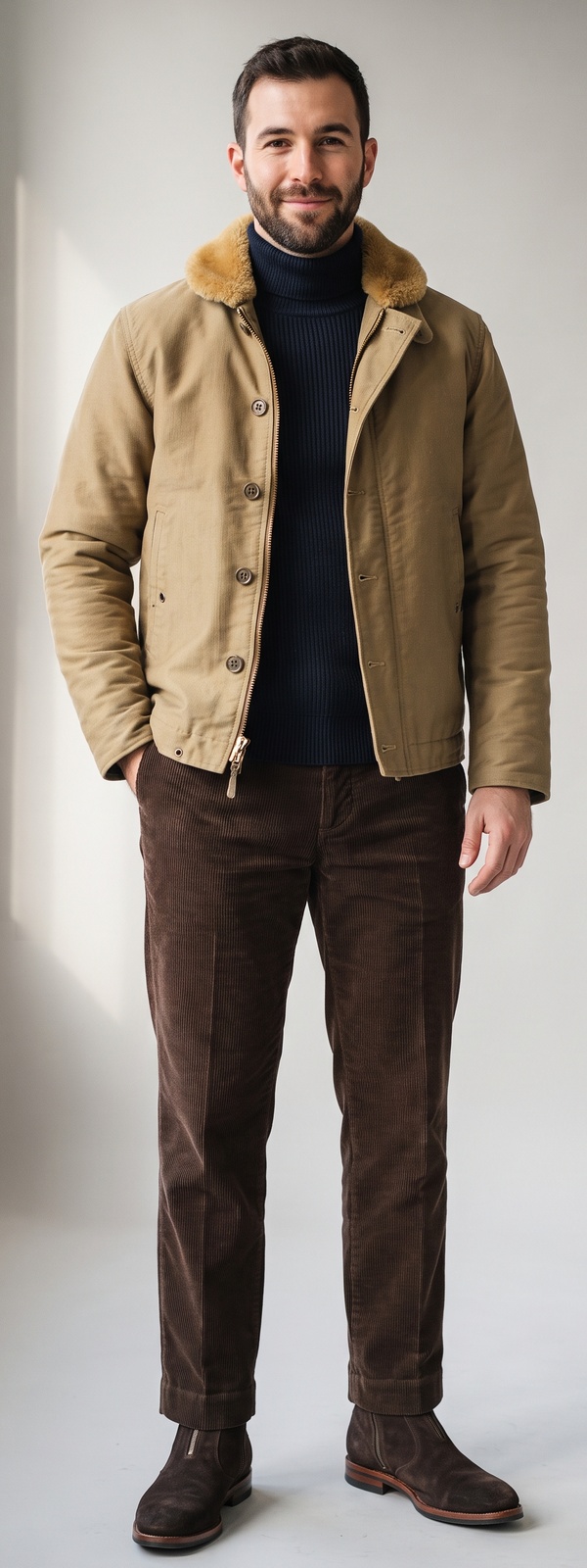 Heritage Tan N-1 Deck Jacket and Navy Ribbed Turtleneck With Corduroy Pants