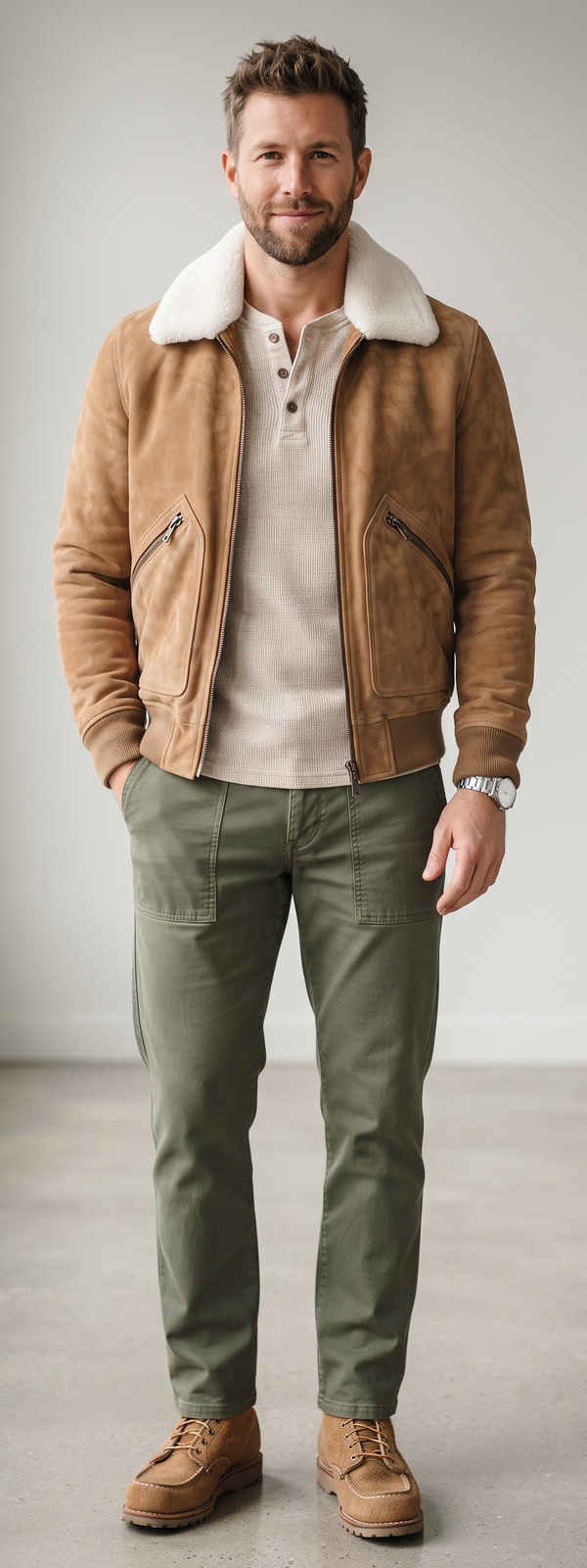 Tan Suede Shearling Bomber Jacket Over Oatmeal Waffle Henley With Olive Fatigue Pants