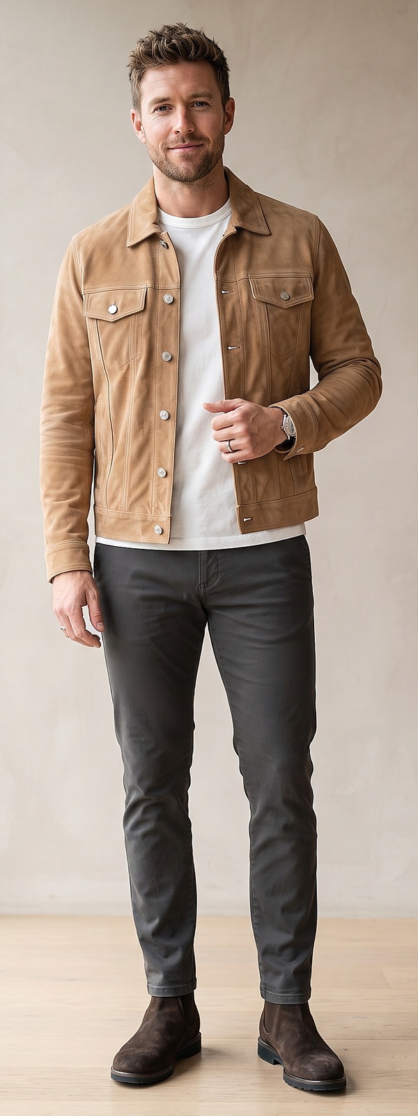 Tan Suede Trucker Jacket White Tee and Charcoal Chino Pants Look
