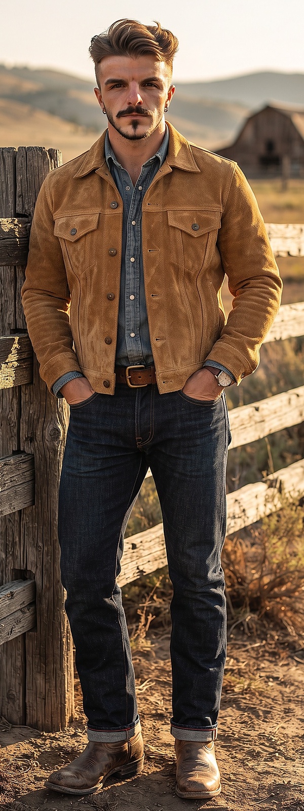 Tan Suede Trucker Jacket Denim Western Shirt and Raw Jeans Look