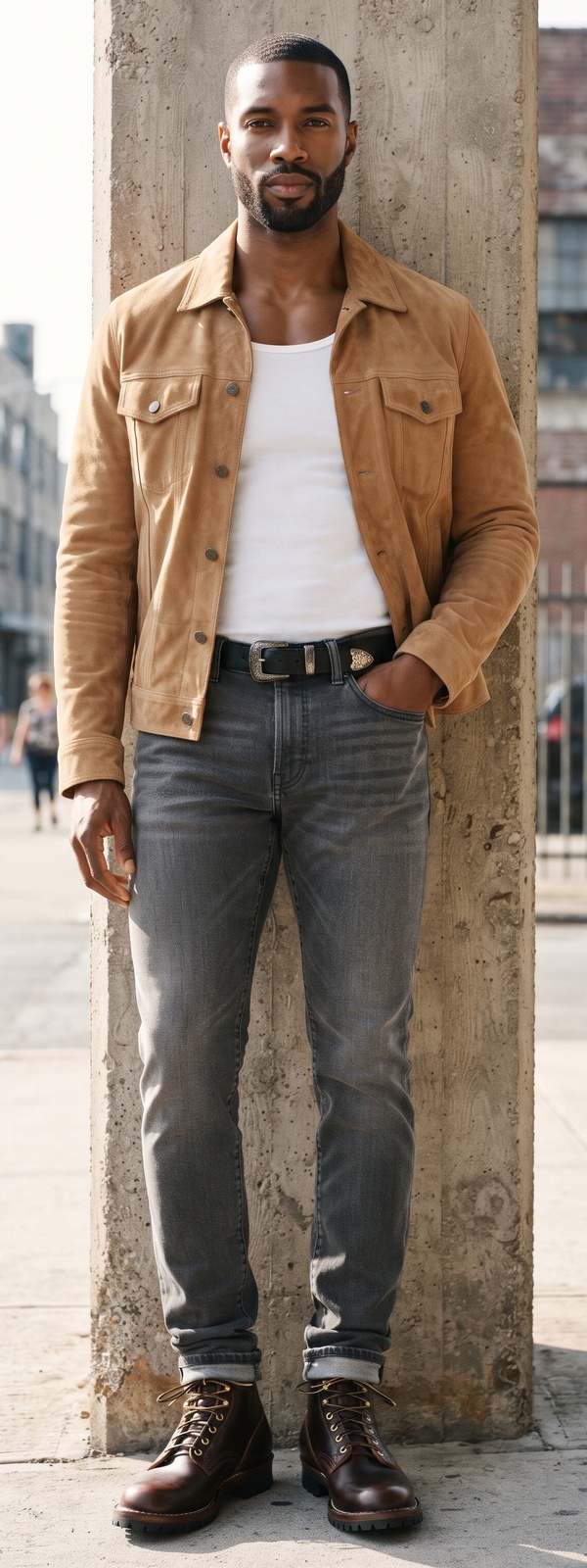 Tan Suede Trucker Jacket, White Ribbed Tank, and Grey Jeans