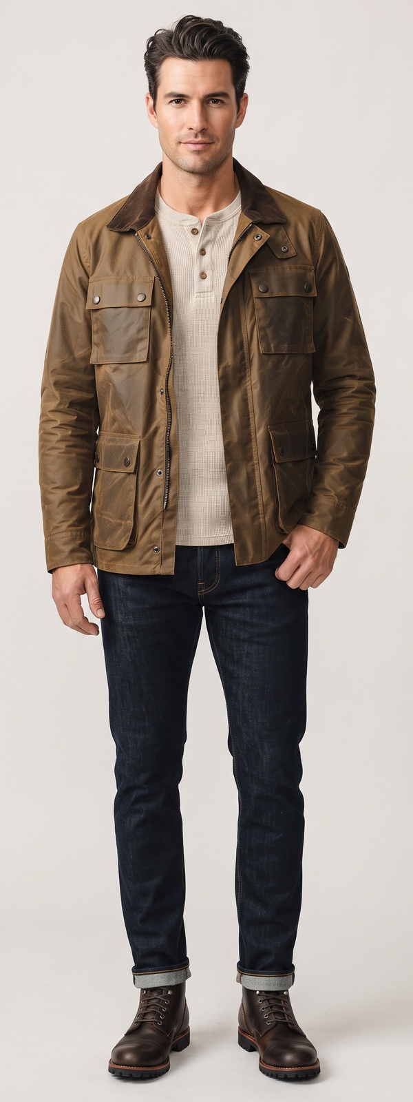 Tan Waxed Field Jacket Waffle Henley and Dark Selvedge Denim Look