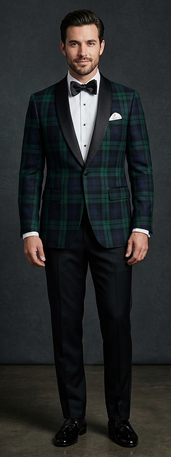 Festive Black Watch Tartan Dinner Jacket with Satin Shawl Lapels and Tuxedo Trousers
