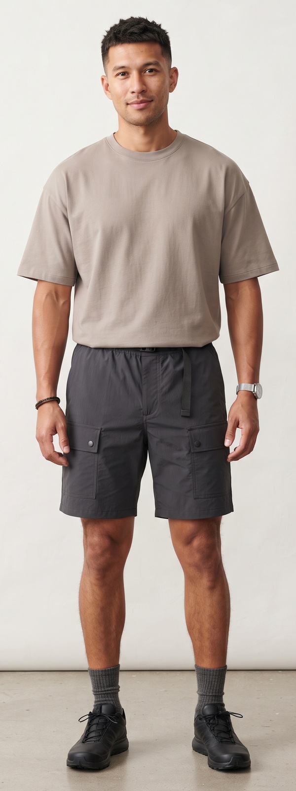 Taupe Oversized Boxy Tee and Charcoal Nylon Utility Shorts Look