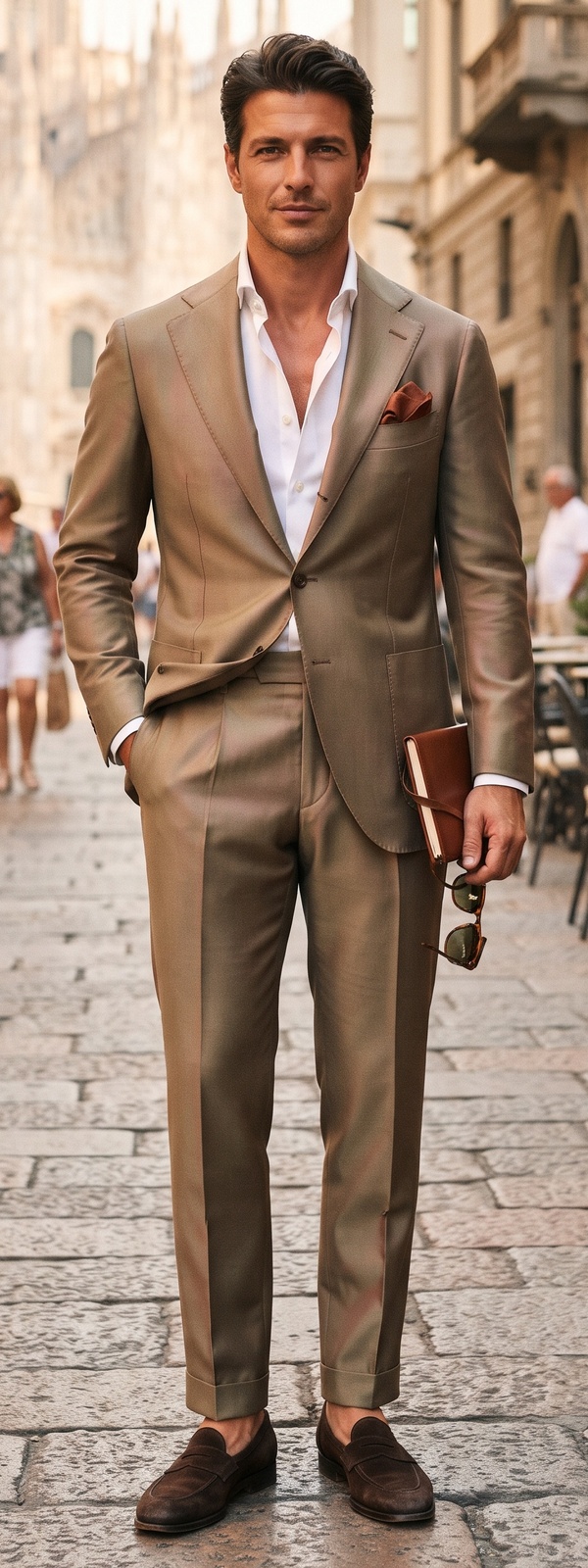 Taupe Silk-Wool Suit with Open White Dress Shirt and Suede Loafers