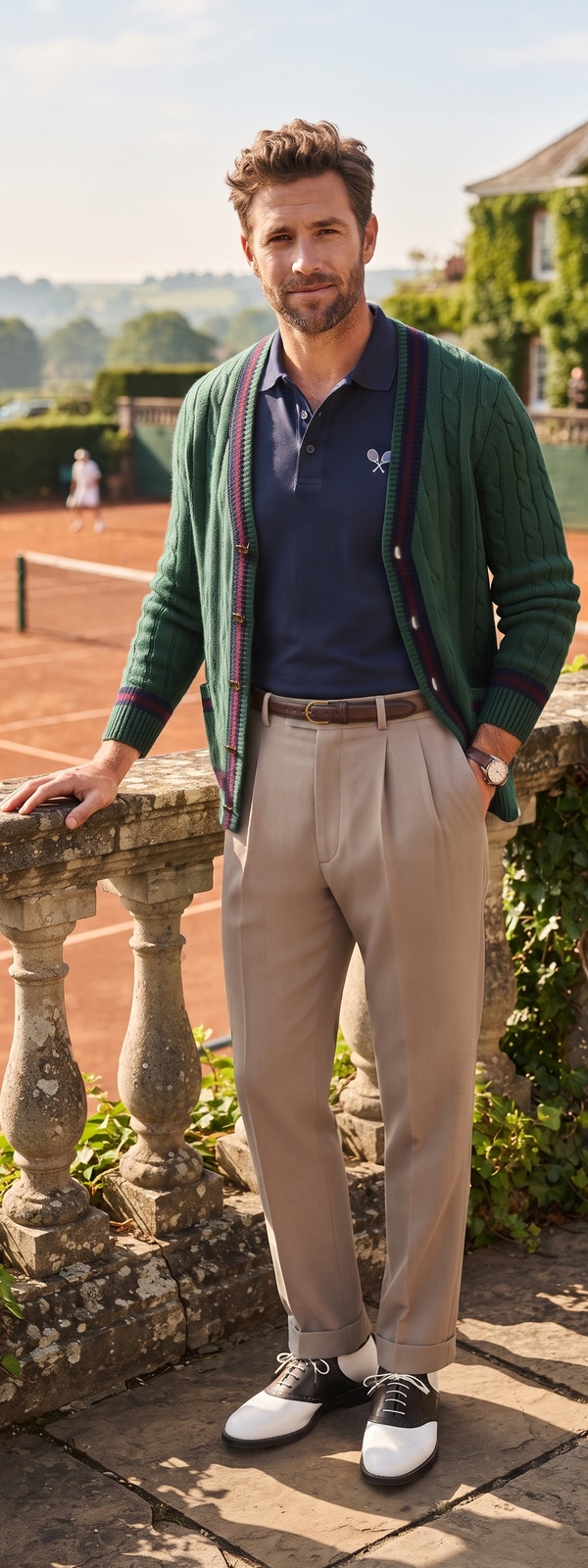 Vintage Country Club Green Cricket Cardigan and Pleated Pants Look
