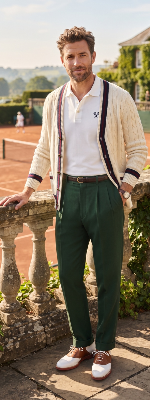 Classic Tennis Club Cream Cricket Cardigan and Green Pleated Pants Look