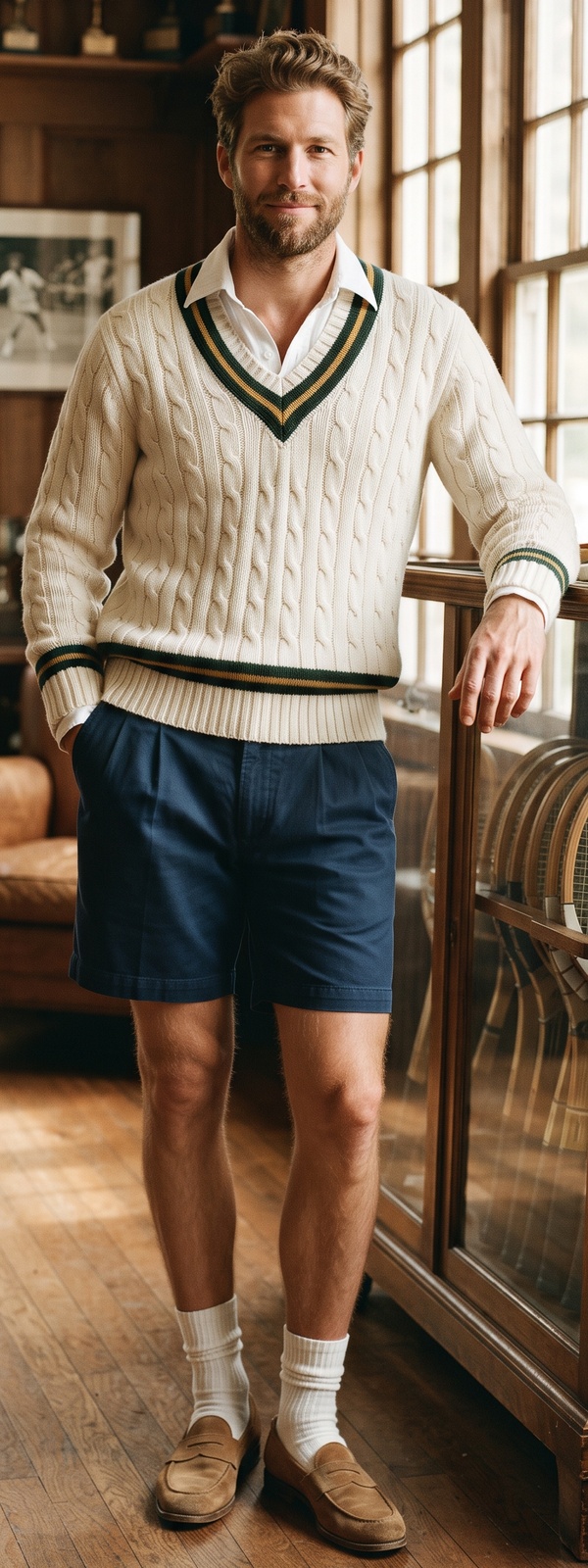 Vintage Tennis Clubhouse Cream Cricket Sweater and Navy Shorts Look