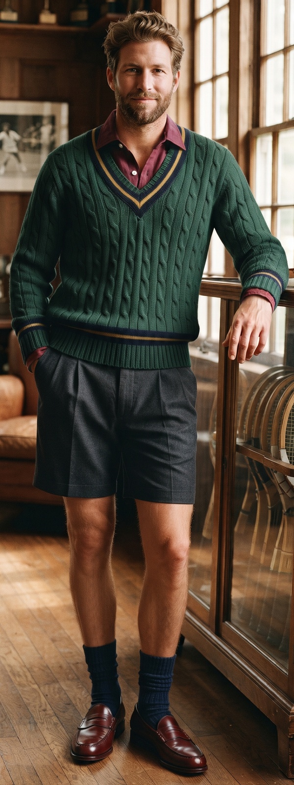 Collegiate Tennis Clubhouse Green Cricket Sweater and Pleated Shorts Look