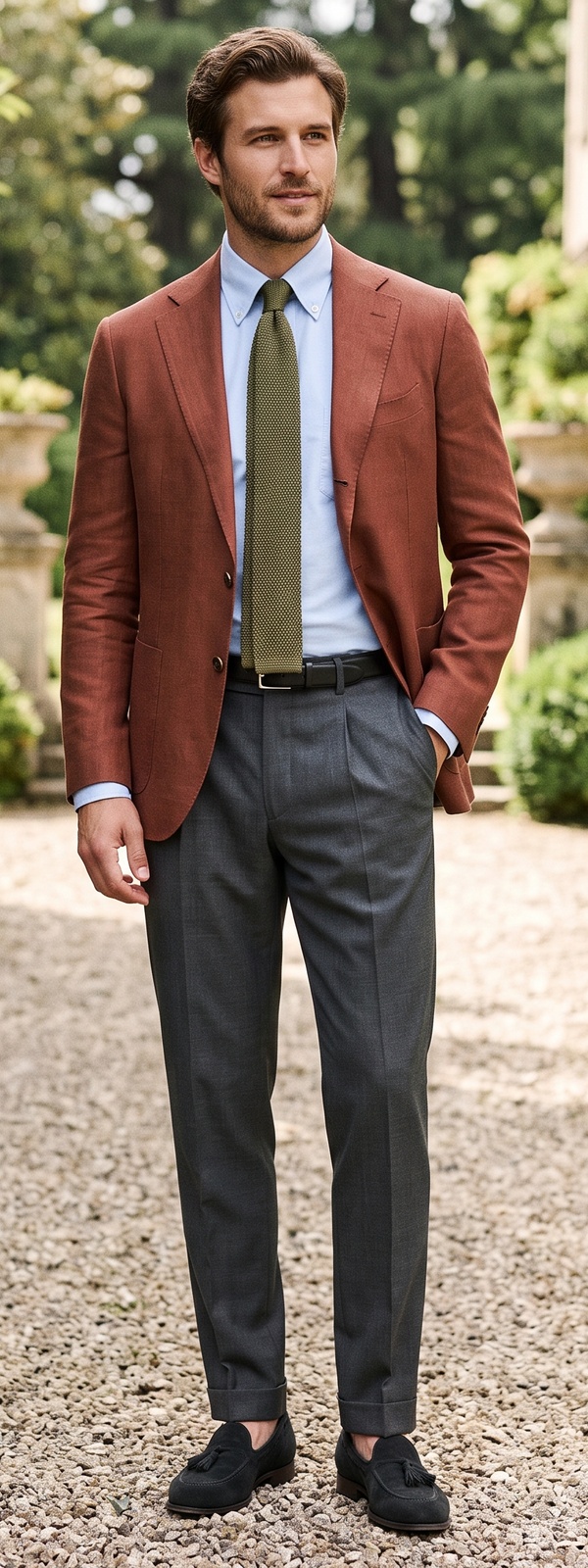 Italian Sprezzatura Terracotta Blazer with Sky Blue Shirt and Charcoal Trousers