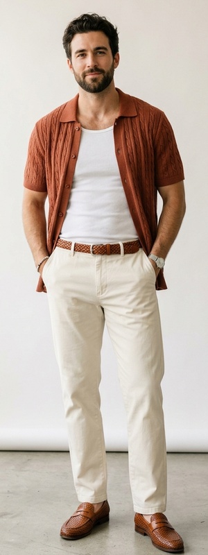 Terracotta Cable-Knit Button-Through Polo Over White Tank Top with Cream Chinos