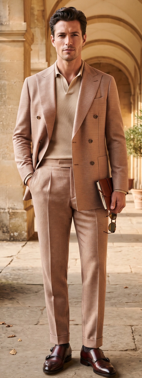 Terracotta Double-Breasted Suit with Beige Knit Polo and Monk Straps