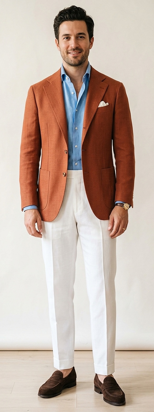 Italian Terracotta Hopsack Blazer with Sky Blue Shirt and White Linen Trousers