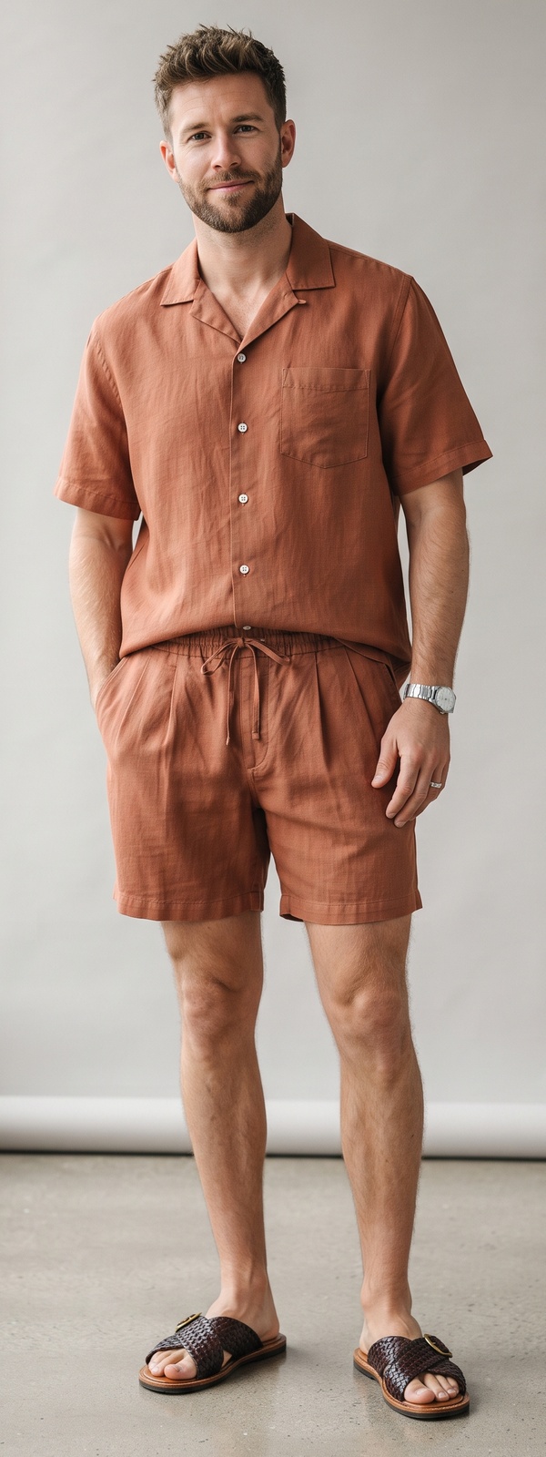 Terracotta Linen Camp-Collar Shirt and Pleated Drawstring Shorts With Brown Woven Leather Sandals