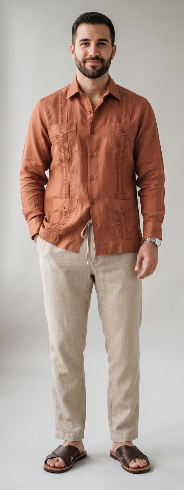 Terracotta Long-Sleeve Linen Guayabera Shirt With Beige Linen Drawstring Pants and Leather Sandals
