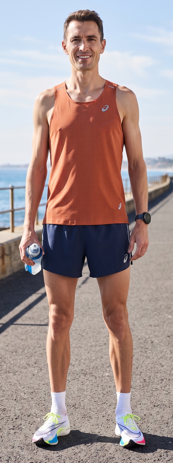 Terracotta Perforated Running Singlet and Navy Split Shorts Coastal Road Look