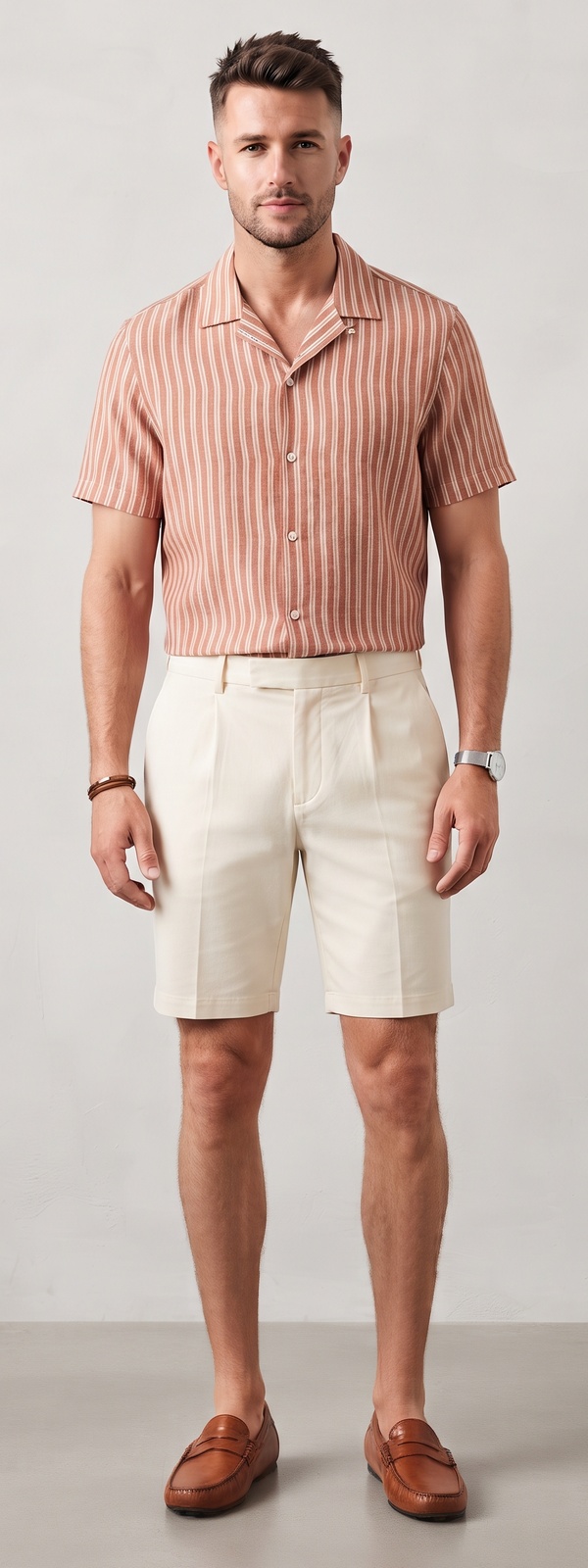 Terracotta Striped Camp Shirt and Cream Pleated Shorts Summer Look