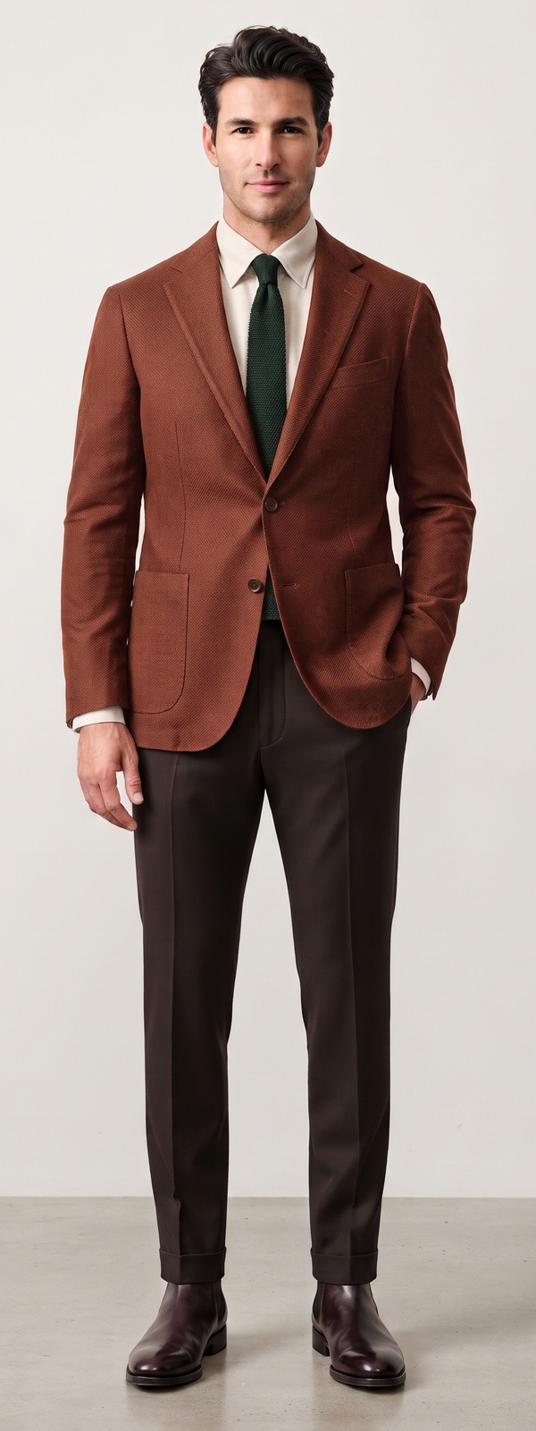 Autumn Terracotta Wool Blazer Dark Green Knit Tie and Brown Dress Pants Look