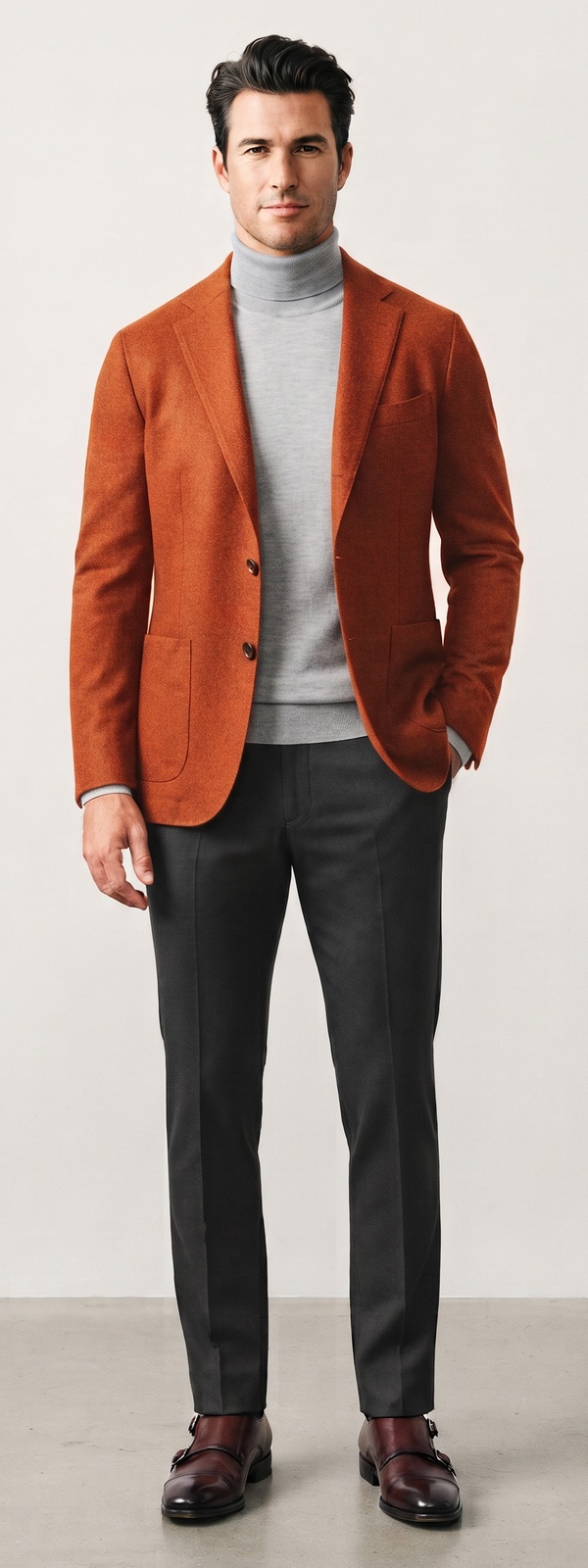 Warm Terracotta Wool Blazer Heather Grey Turtleneck and Charcoal Pants Look