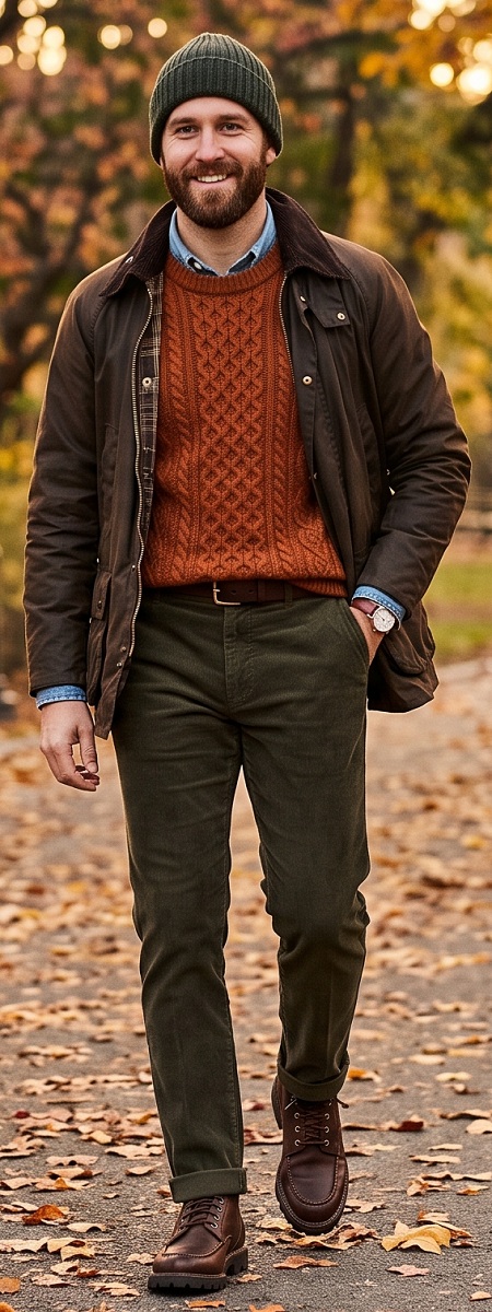 The British Countryside Inspired Waxed Field Jacket and Rust Cable Knit Sweater Fall Layering Outfit
