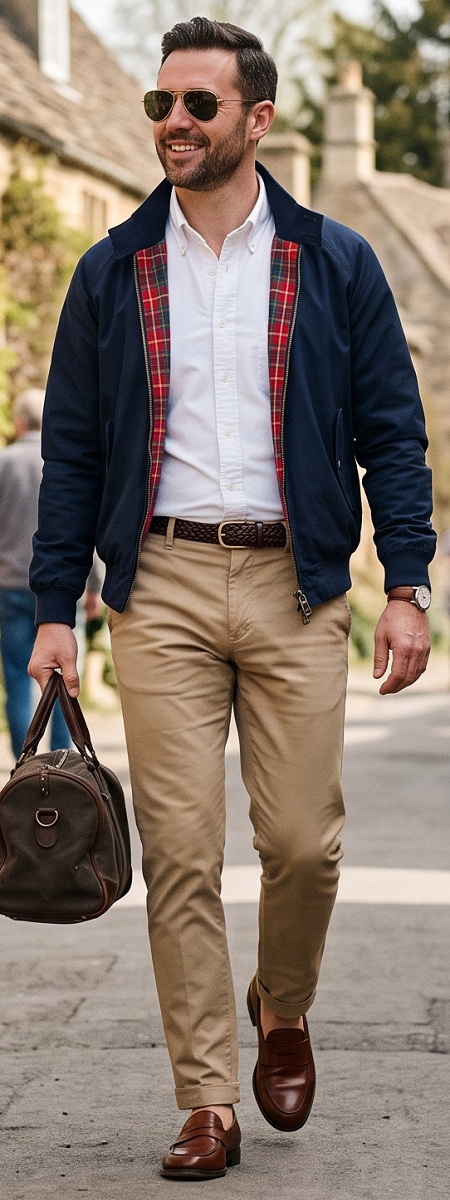 The Classic British Heritage Weekend Getaway Look Featuring a Navy Harrington Jacket Khaki Chinos and Brown Penny Loafers