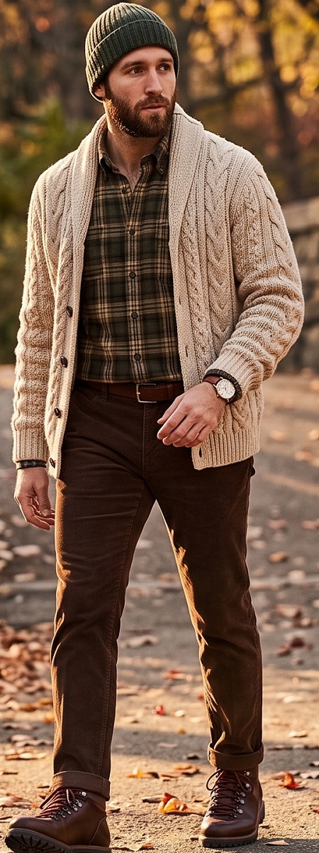 The Rugged Fall Weekend Cable Knit Shawl Collar Cardigan and Earth Tone Layered Casual Outfit