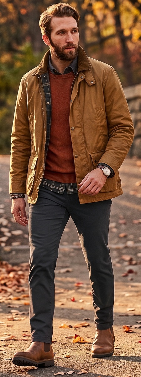 The Ultimate Fall Layered Look Featuring a Tan Field Jacket, Rust Crewneck Sweater, and Chelsea Boots