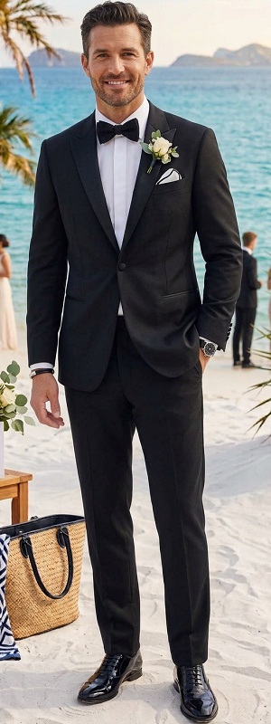 Timeless Black Tuxedo Beach Wedding Attire with Crisp White Dress Shirt and Patent Oxford Shoes