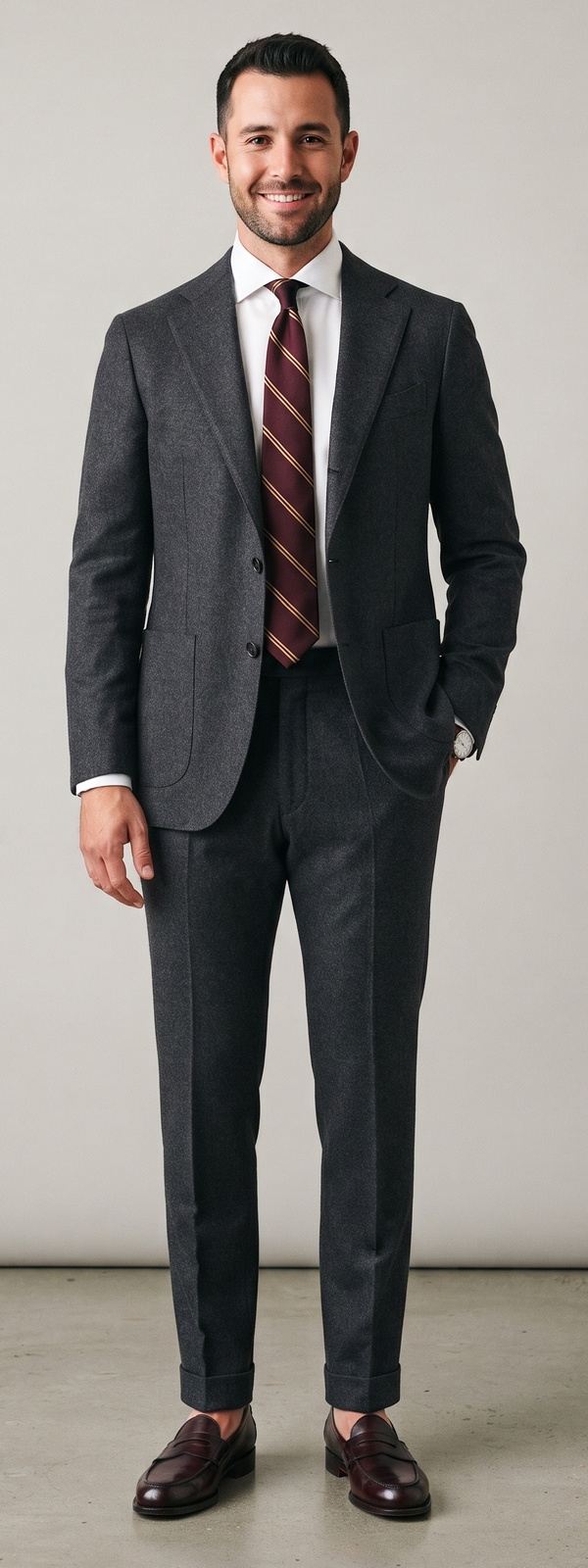 Timeless Charcoal Wool Suit with Burgundy Striped Tie and Loafers