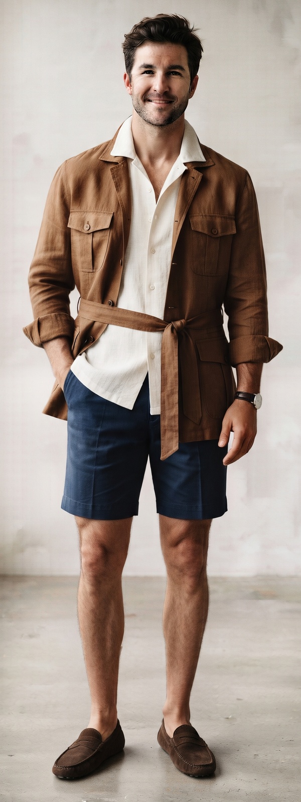 Tobacco Brown Linen Safari Jacket with Camp Collar Shirt and Navy Shorts