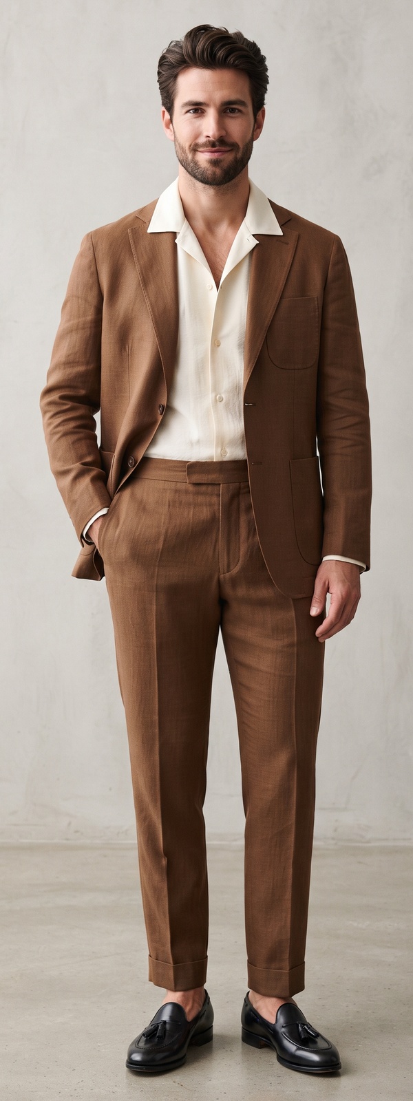 Tobacco Brown Linen Suit with Camp Collar Shirt and Loafers