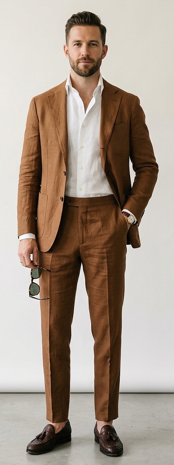 Italian Sprezzatura Tobacco Brown Linen Suit with White Popover Shirt and Woven Loafers